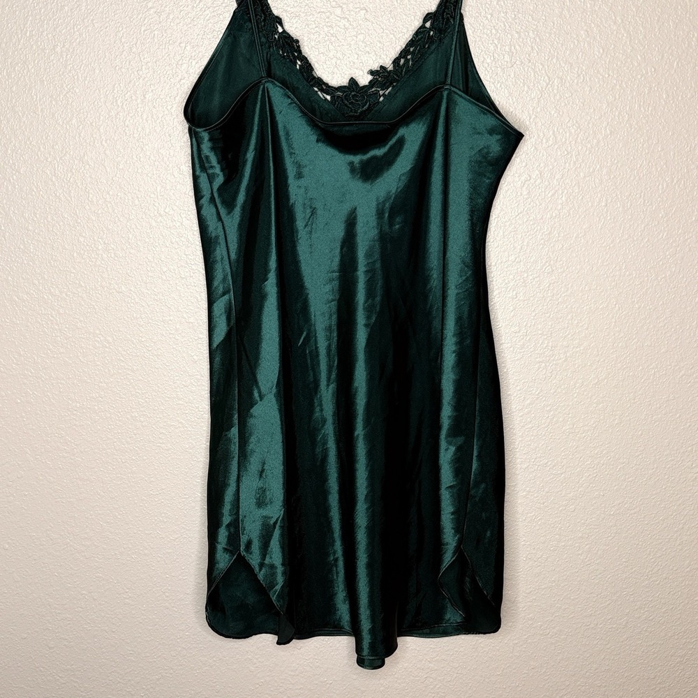VTG Alexandra Nicole Satin Slip Dress Green Lace Trim Nightgown Y2K Medium Bias - Picture 3 of 7
